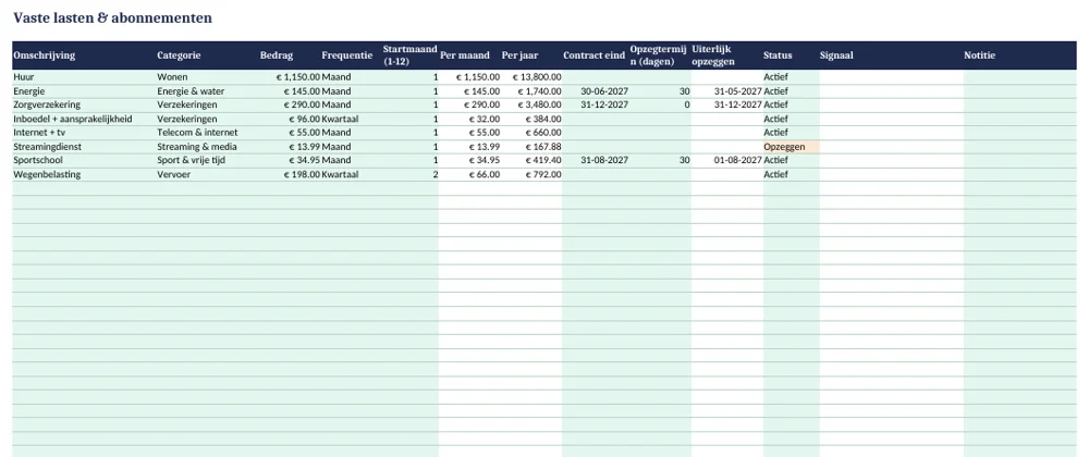 Voorbeeld van de Vaste-lastentracker in Excel